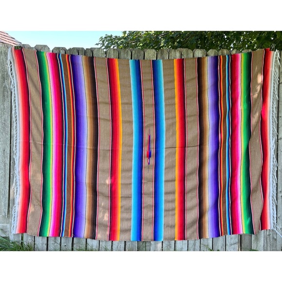 Mexican Woven Serape Saltillo Multicolor Rainbow Fringed Throw Blanket - Picture 2 of 8